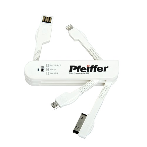 Pfeiffer 3 in 1 Charge/ Data Cable, White, in box with window and hang sell