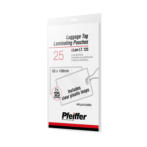 Pfeiffer Luggage Tag Laminating Pouches 125 mic, with Plastic Loops, 25-Pack (R)